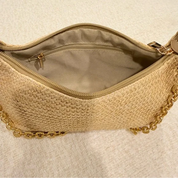 Woven Straw Shoulder Bag with Gold Chain Handle - Natural - Picture 7 of 9